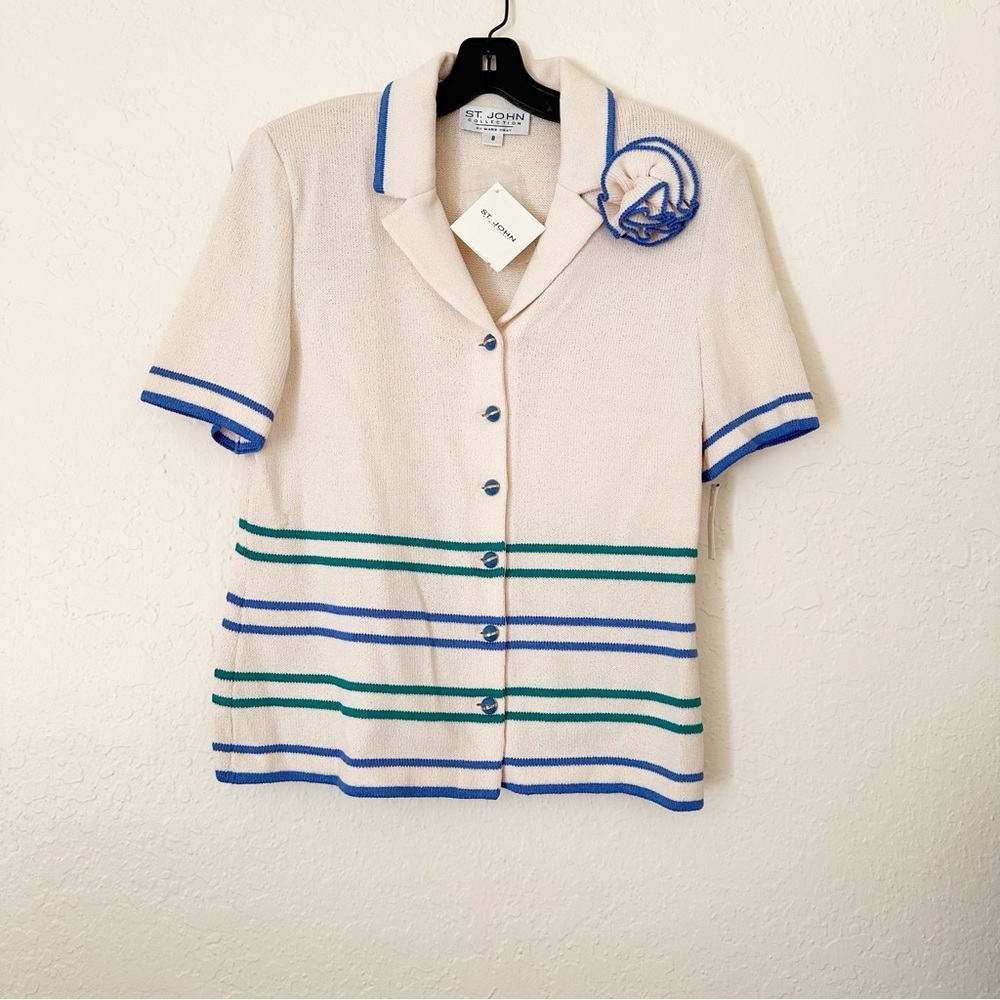 St. John NWT 3 Piece Ivory Short Sleeve Striped Sweater Skirt Aet